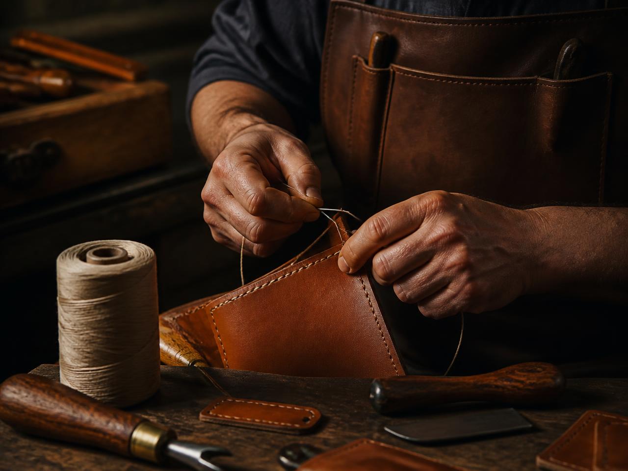 Artisan hand-stitching leather at a workbench